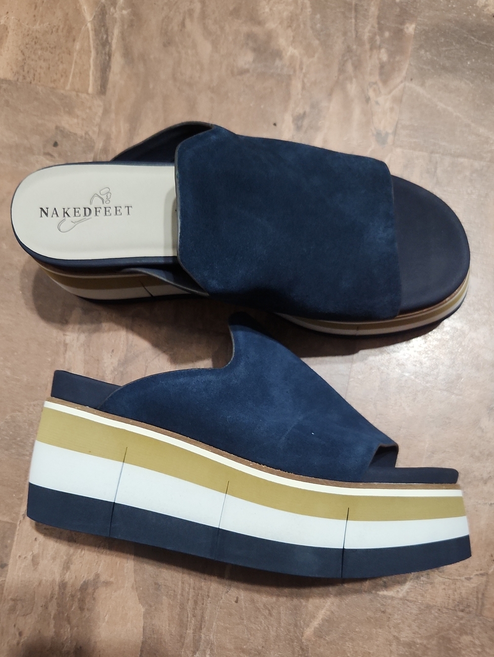 Naked Feet "Flow" Navy Suede Platform Slide Sandals with Striped Sole